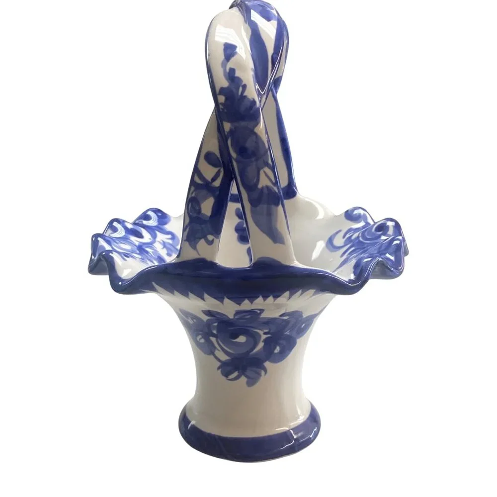 Hand-Painted Blue & White Ceramic Basket Vase With Floral Design Made In Portuga - Picture 4 of 9
